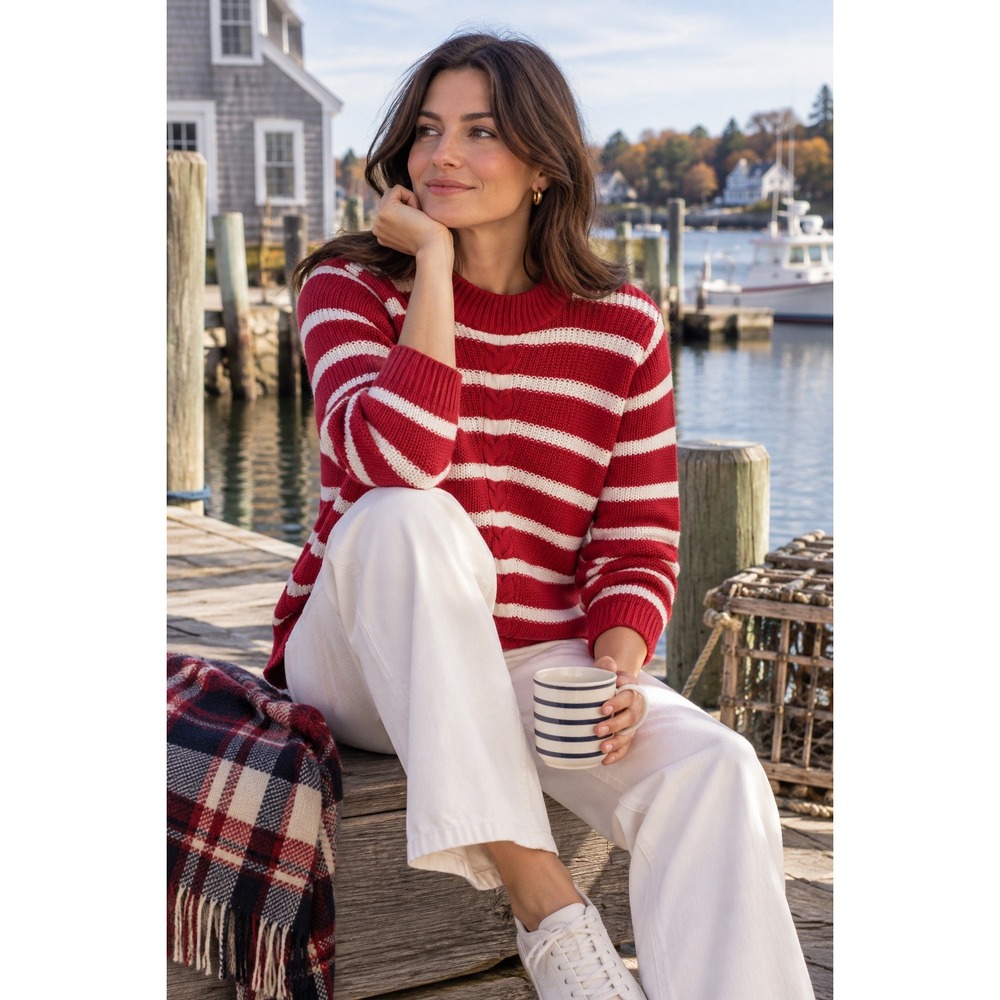 Talbots Red White Striped 100% Cotton Cable Preppy Ralph Lauren Style Sweater L